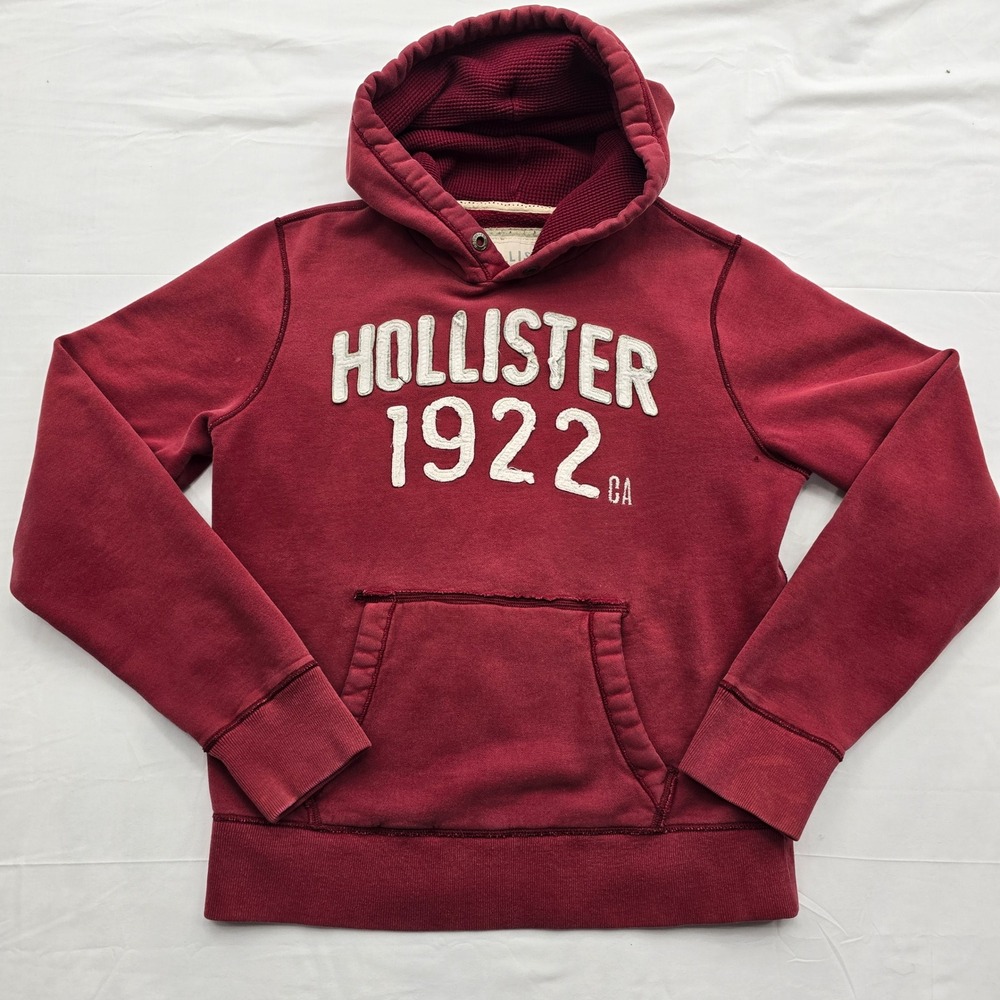 Y2K Hollister California Men's XL Red Pullover Hoodie 1922 Logo Distressed Faded
